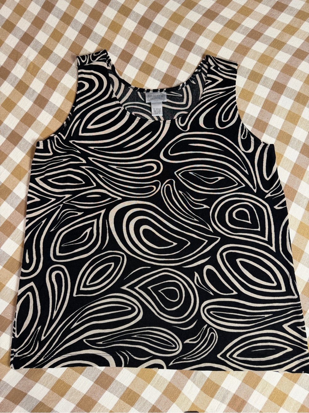 Chico’s Travelers Size 3 Black Beige Abstract Print Stretch Tank Top
